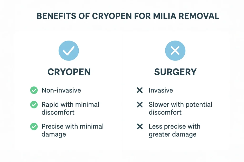 Benefits of cryopen for milia removal Cannock compared to surgical treatments.