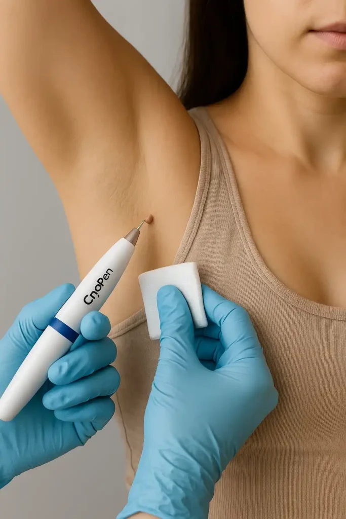 woman having cryopen to remove underarm skin tags Cannock