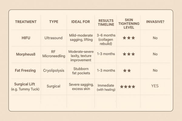 Table showing the comparisons of Skin tightening Cannock treatment options.